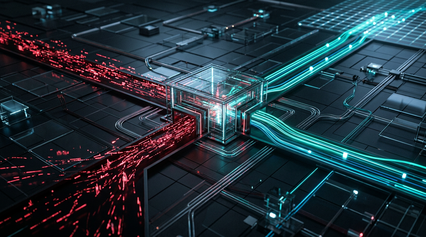 Abstract technical visualization of data traffic filtering showing automated bot requests separated from human user interactions on a dark network grid