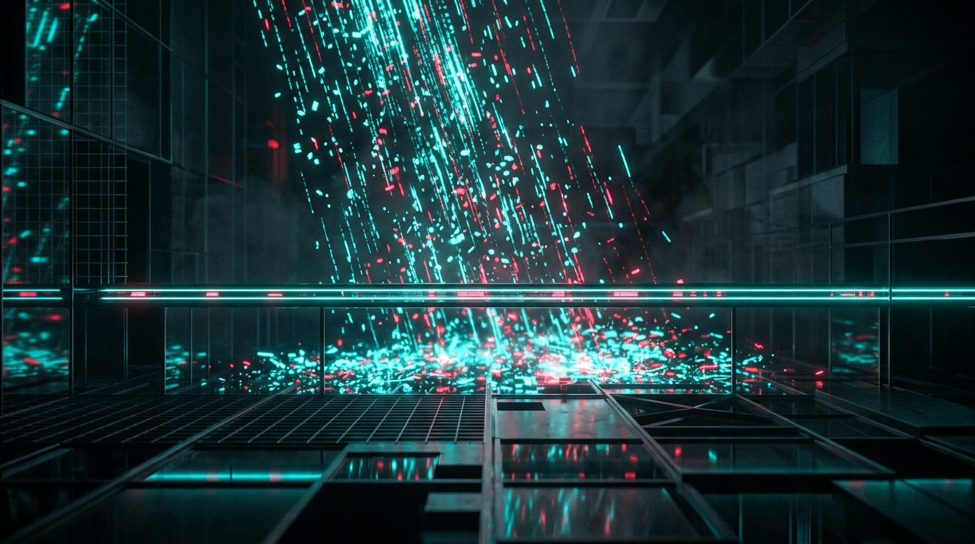 Abstract visualization of data streams falling below a horizontal threshold line before halting