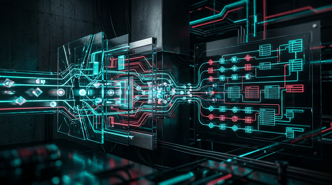 Abstract technical visualization of data packets flowing through persistent browser storage layers into a backend schema