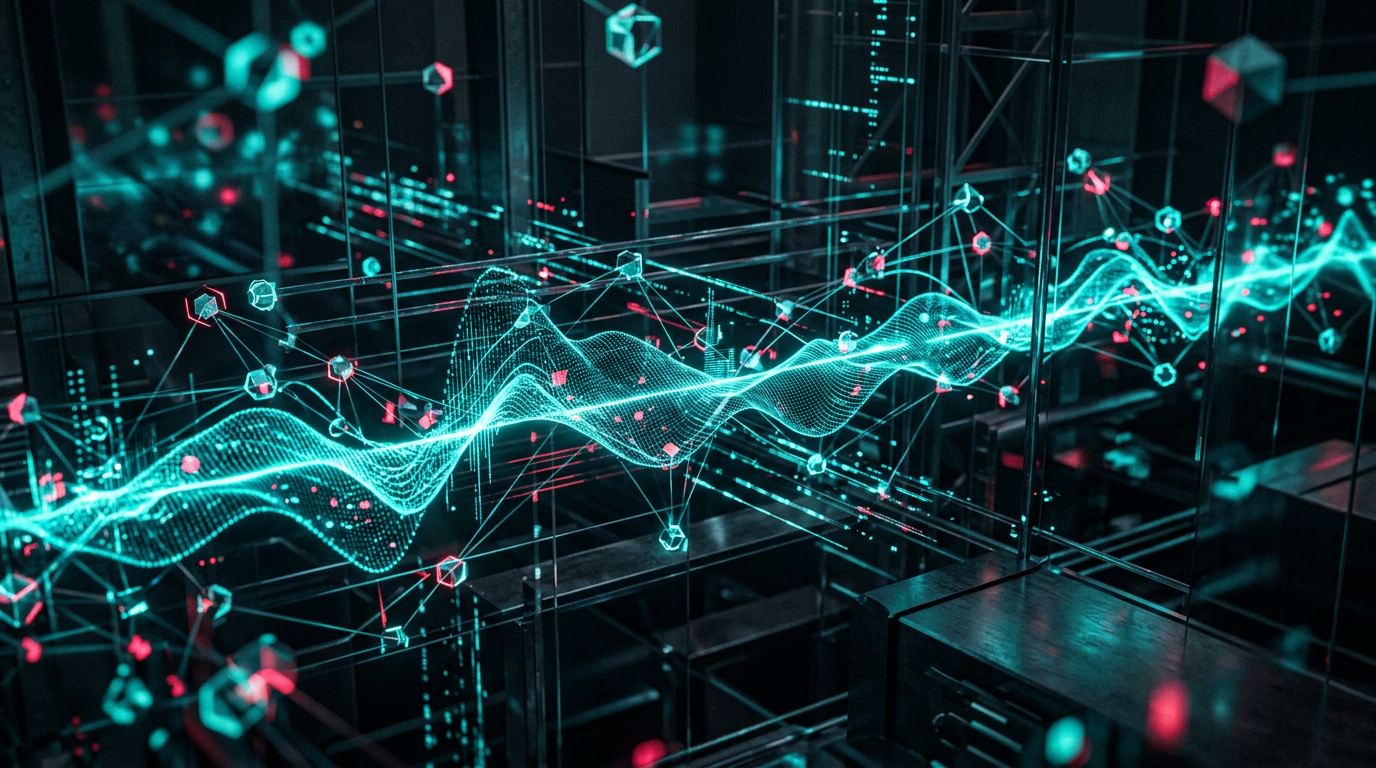 Abstract digital sound wave and low-latency audio packet processing visualization with modern geometric network nodes