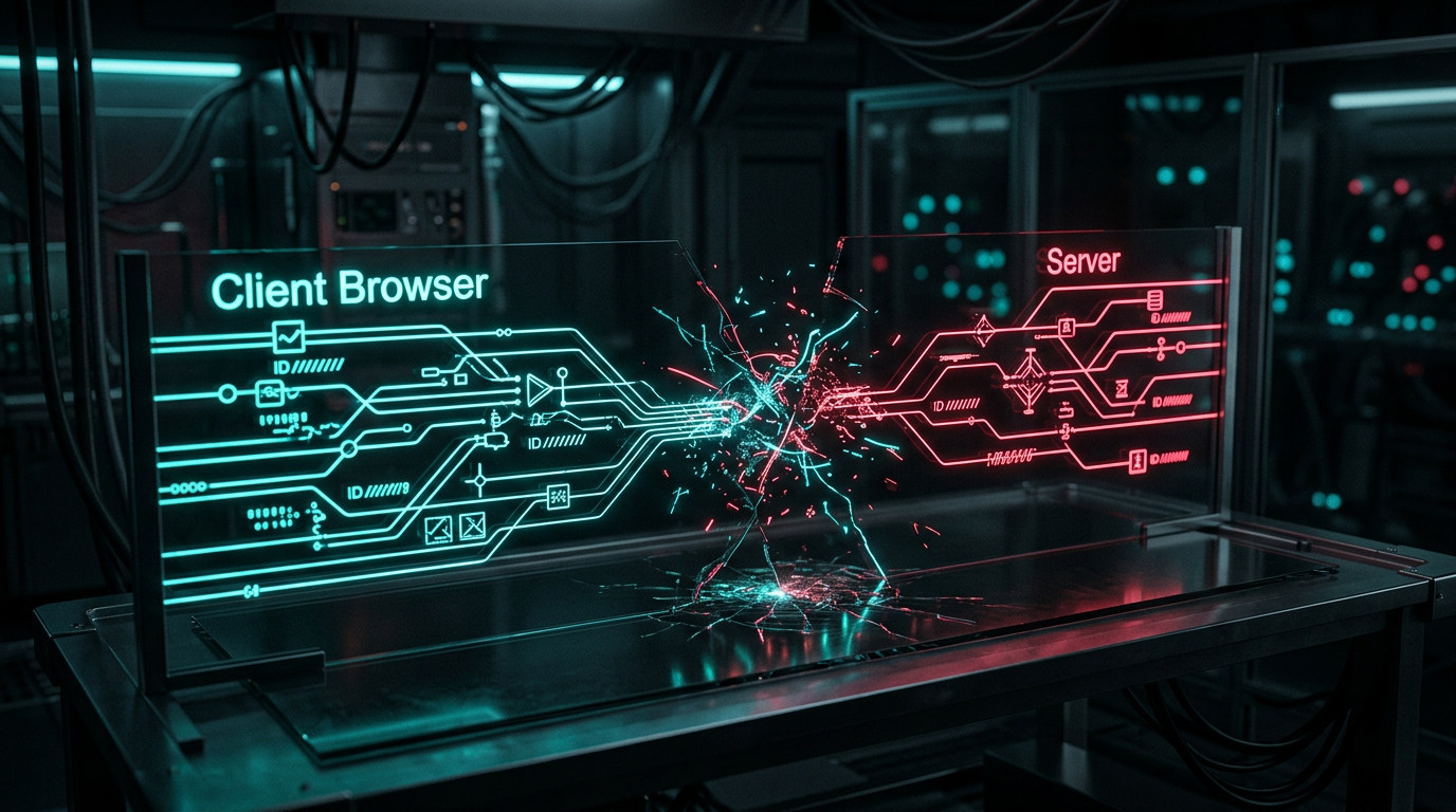 Technical diagram showing client browser and server data streams failing to reconcile event identifiers