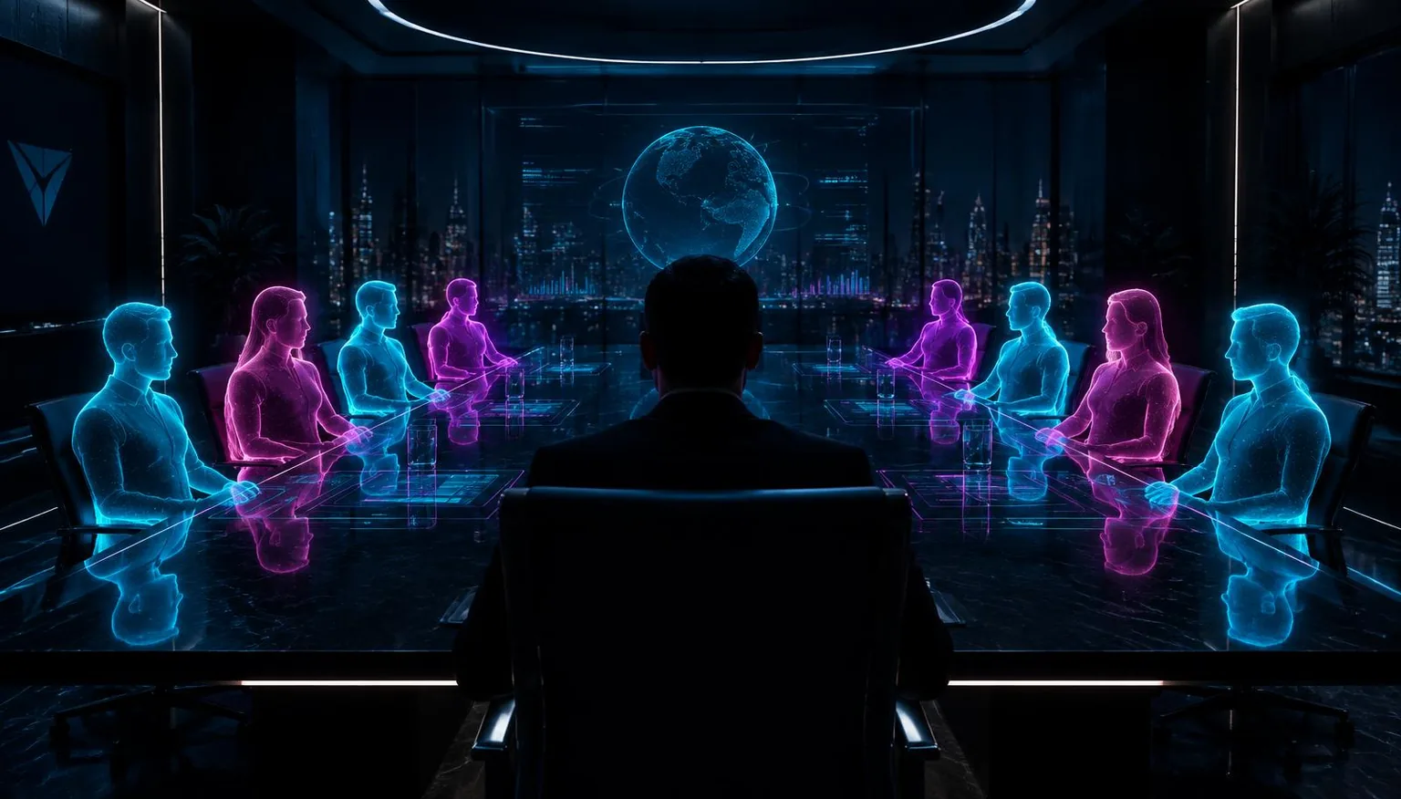 A dark boardroom with a founder at the head of a long table and softly glowing holographic silhouettes seated around it