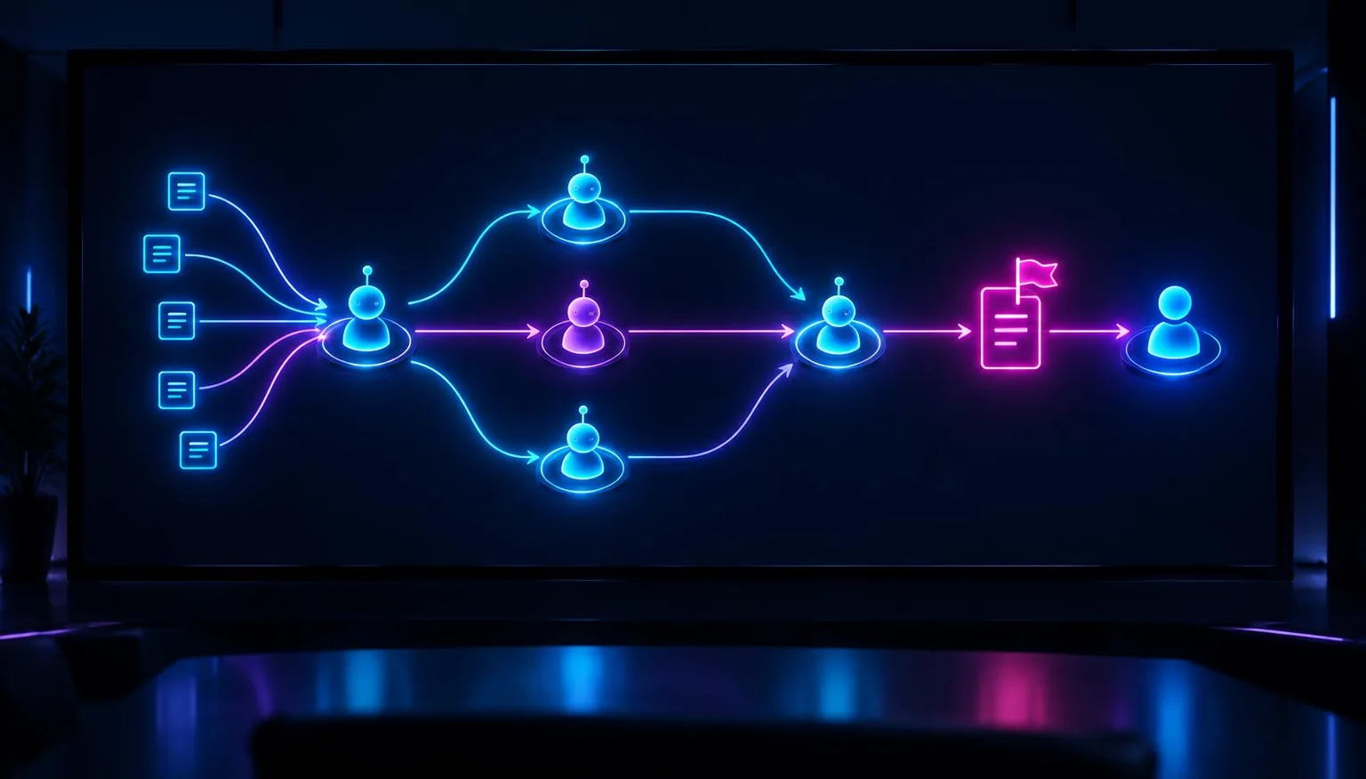 A glowing flow diagram of agent icons passing tasks between them, with one flagged item reaching a human avatar