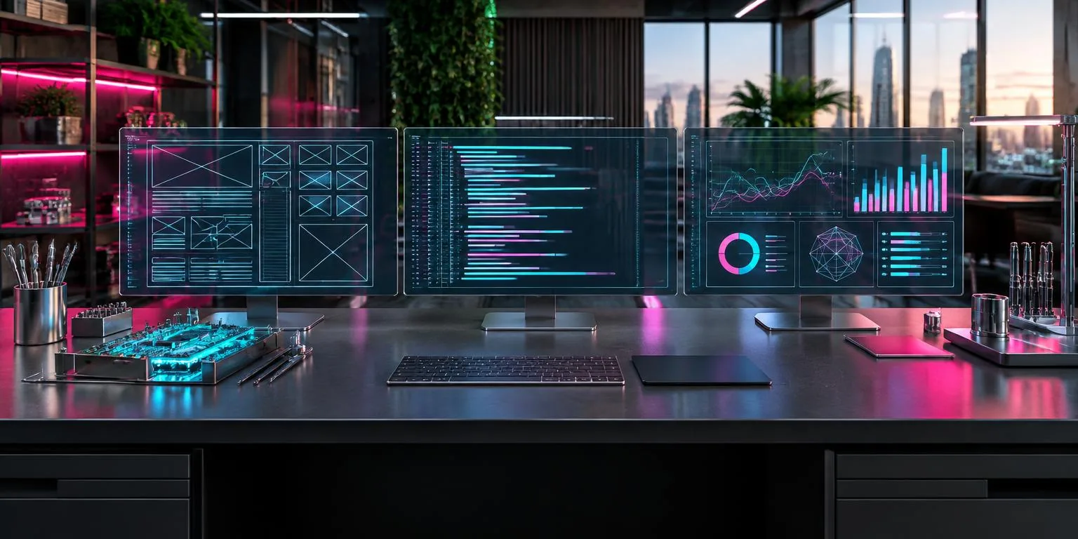 Technical workstation with website layouts, reports and development tools